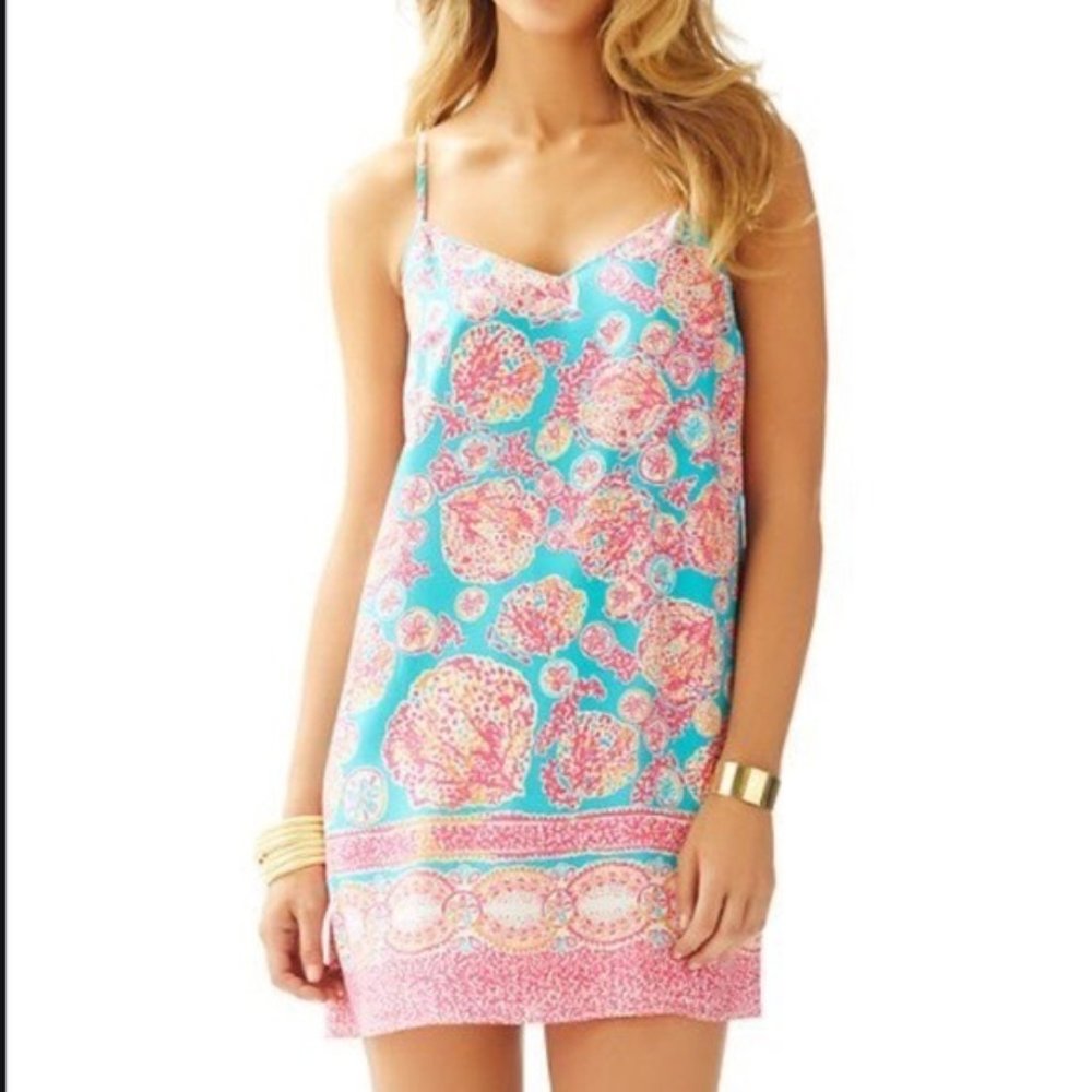 VEUC Sz M Lilly Pulitzer Sea Silk Dusk dress - Hot Pink, Turquoise, Coral, White - Picture 5 of 11